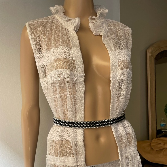 White lace sequined detail ruffled neck  cover up overall long dress OS - Picture 5 of 15